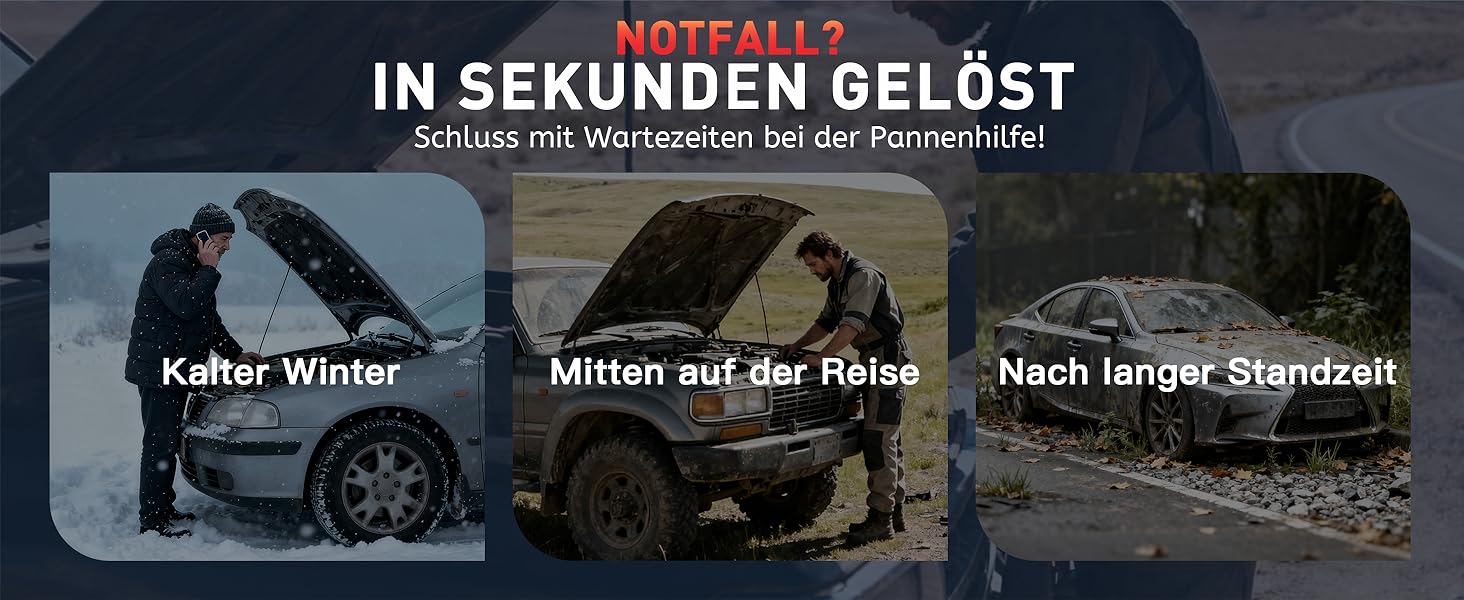 Powerbank Starthilfe 20000 mAh для автомобіля 12V з кабелями та LED-ліхтарем. Запуск авто до 7.5л бензину або 5.0л дизеля. 4-в-1 функція. Підходить для подорожей та надзвичайних ситуацій.