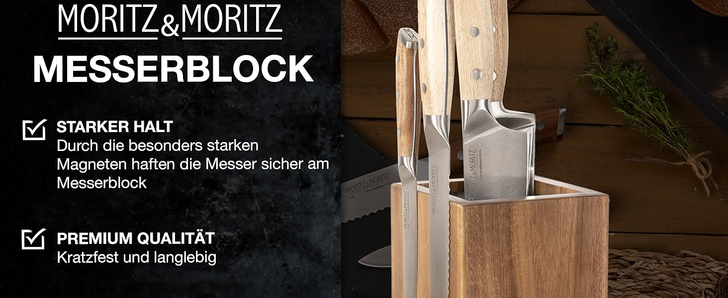 М'ясний блок Moritz & Moritz Akazie, поворотний на 360°, з магнітним утримувачем та знімним вкладишем з щетиною – зручний підставка для ножів на кухню, без ножів