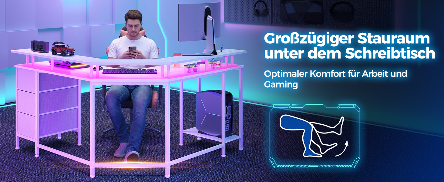 Ігровий кутовий стіл Seventable L-подібної форми з LED підсвіткою, розетками та 3 текстильними висувними ящиками, білий, 135x135x88 см