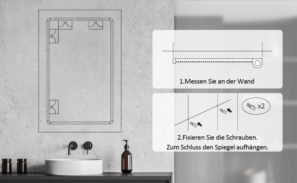 Дзеркало для ванної кімнати BD-Baode з LED-підсвічуванням 40x60 см, сенсорне керування, 3 режими освітлення, прямокутна форма