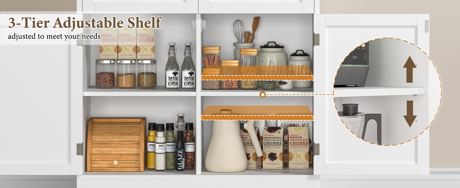 Кухонна шафа HOCSOK 180 см: буфет з робочою поверхнею, шафа для зберігання з 4 дверцятами та 2 ящиками, висока шафа-багатоцільова з регульованою полицею, білий