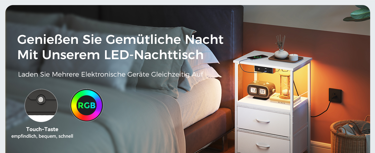 Приліжкова тумбочка Coleshome біла з USB, розеткою та LED-підсвіткою, 2 висувні ящики та полиця, для невеликих спалень, 40x30x60 см, в упаковці 1 шт.