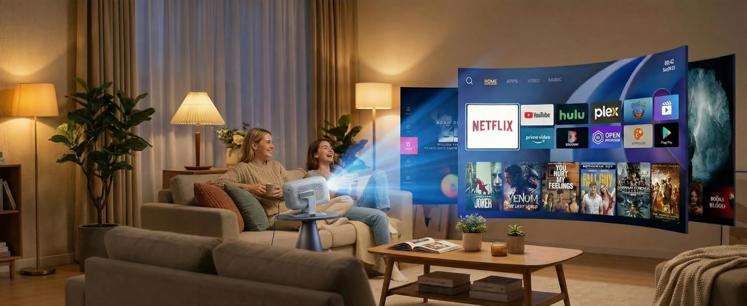 Smart-проектор Beamer 4K Full HD 1080P для домашнього кінотеатру, 700 ANSI люмен, Netflix, Dolby Audio, автофокус та автоматична корекція трапеції, короткофокусний, білий