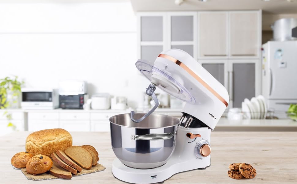 Кухонна машина Arebos 1500W з чашею 6L з нержавіючої сталі | Змішувач, гак для тіста, вінчик | Кришка-розбризкувач | 6 швидкостей | Кухонний комбайн | Машина для тіста (Біла)