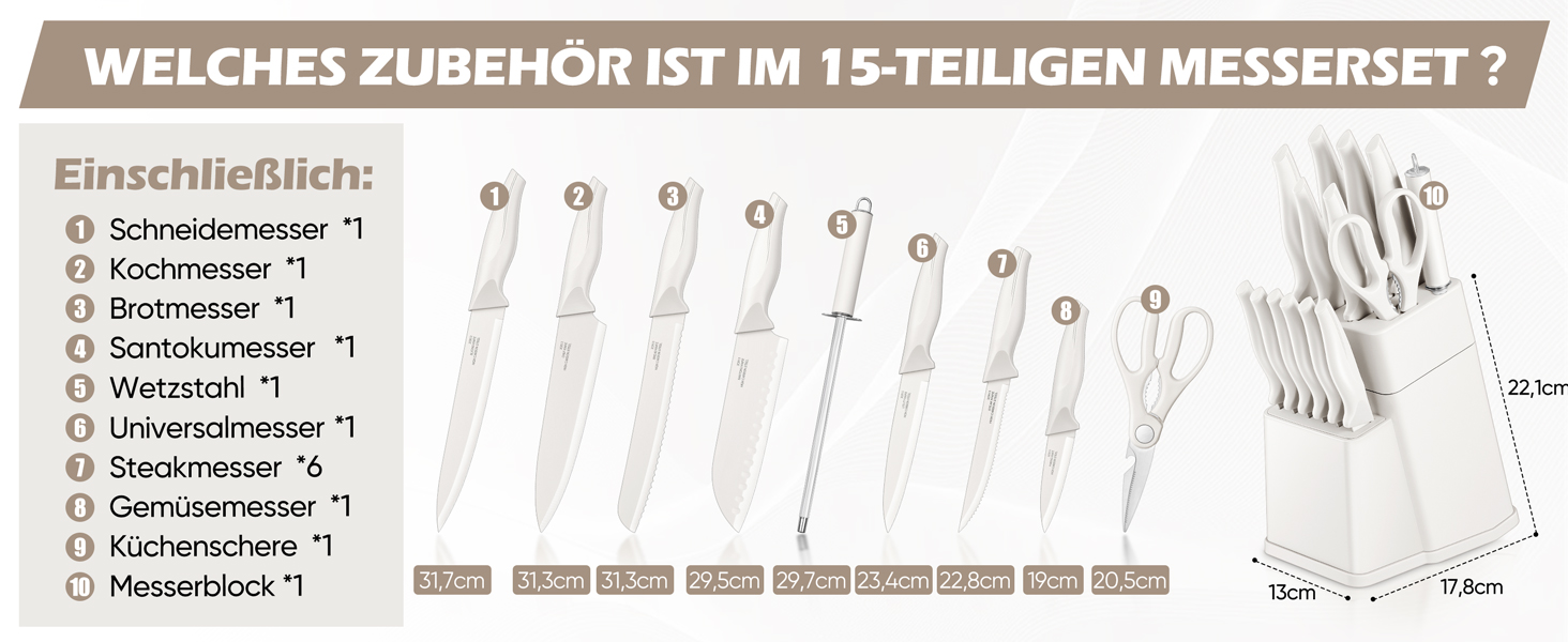 Набір кухонних ножів Homikit з підставкою, з шліфувальником, нержавіюча сталь, 6 ножів для стейку, антиковзні ручки, 15 предметів