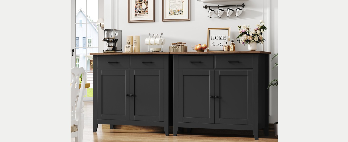 Кухонна шафа HOCSOK з робочою поверхнею, буфет з 2 шухлядами та 2 дверцятами, для кухні, вітальні, їдальні, передпокою, дерево, стиль кантрі, білий (чорний)