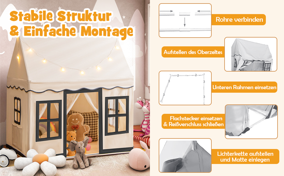 Дитячий намет DREAMADE з гірляндою та килимком, намет Тіпі, дитячий будиночок з вікнами, намет для хлопчиків та дівчаток, для дому та вулиці (Бежевий + Чорний)