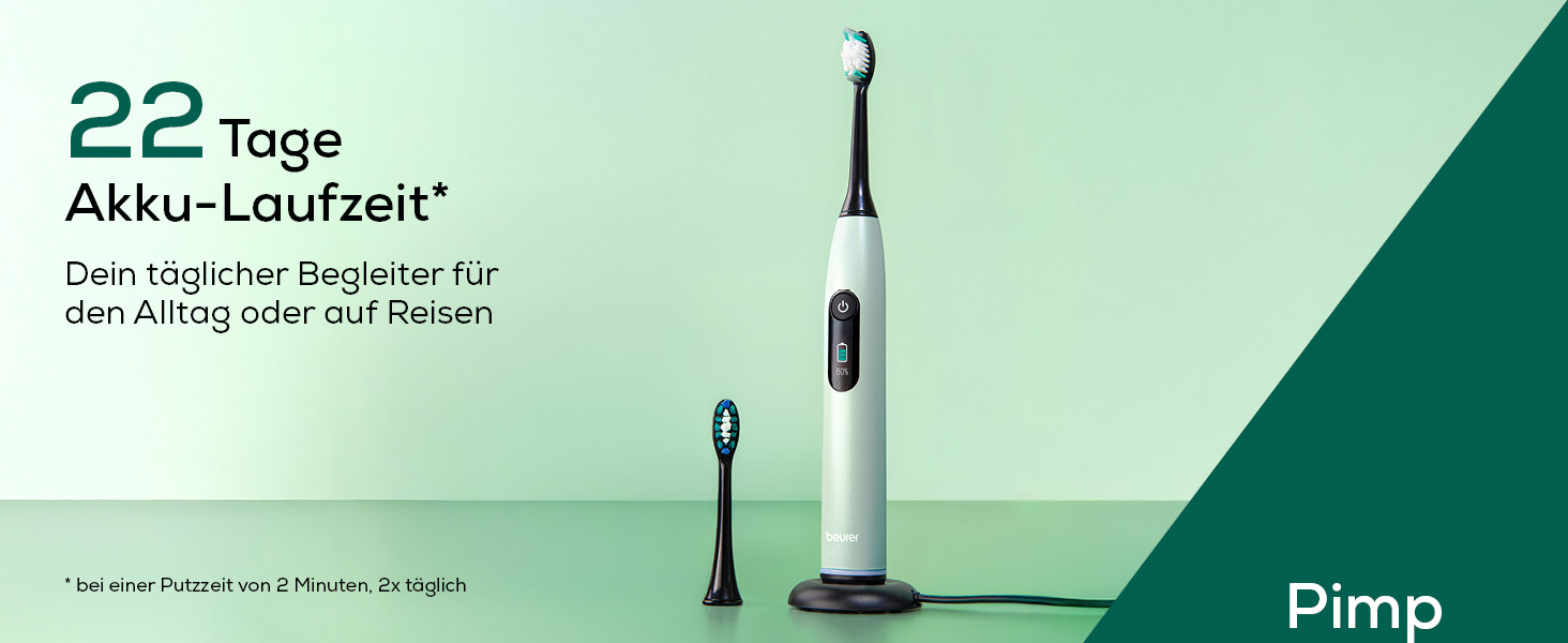 Електрична зубна щітка Beurer SC 30: 4 режими чищення, 80 000 коливань, таймер, індикація LED, 2 насадки, корпус з переробленого пластику (М'ята)