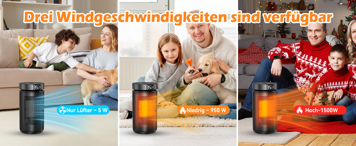 Електричний обігрівач 1500W з PTC керамічним нагрівачем, тихий (34 dB), з термостатом, таймером (12 год) та захистом від перегріву та перекидання. З пультом керування, чорний.