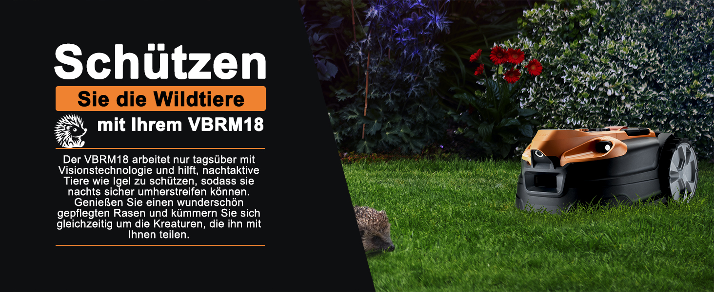 Газонокосарка-робот LawnMaster VBRM18AMIDR без обмежувального дроту для газонів до 500 м², акумулятор 2Ah, оптична навігація, уникнення перешкод, автоматична зарядна станція, функція заборонених зон, WiFi і Bluetooth керування через додаток