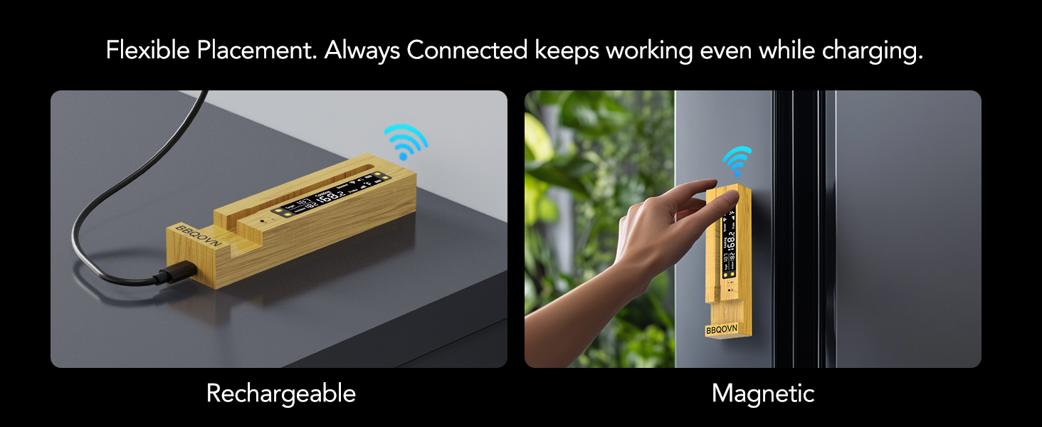 Термометр для м'яса WLAN Sub-1G з необмеженим радіусом дії, цифровою Smart-базою та 7 сертифікованими NIST-сенсорами – моніторинг температури навколишнього середовища для BBQ, гриля, духовки та Smoker (1 шт, чорний, компактний)