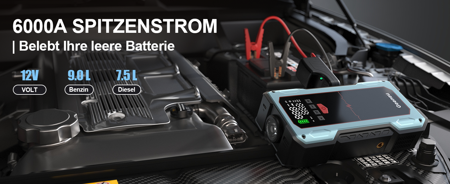 Бустер для авто Starthilfe Powerbank 6000A: пусковий пристрій з компресором 150 PSI, 12V для бензинових (до 9л) та дизельних (до 7.5л) двигунів, синій