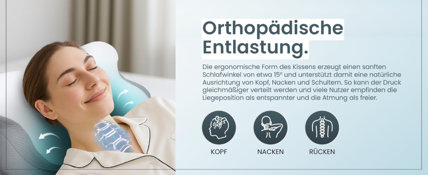 Ортопедична подушка для шиї при болях у шиї з високоякісної піни з пам'яті - Ергономічна подушка для шиї - Подушка для тих, хто спить на боці, спині та животі - Прати при 40°C, 61 x 40 x 12 см, Біла