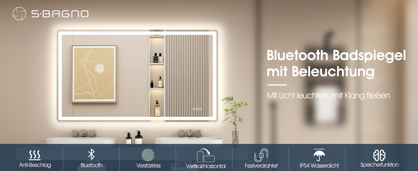 Дзеркало для ванної кімнати S'bagno з підсвічуванням Bluetooth 100x70 см, LED, антизапар, регулювання кольору, IP44
