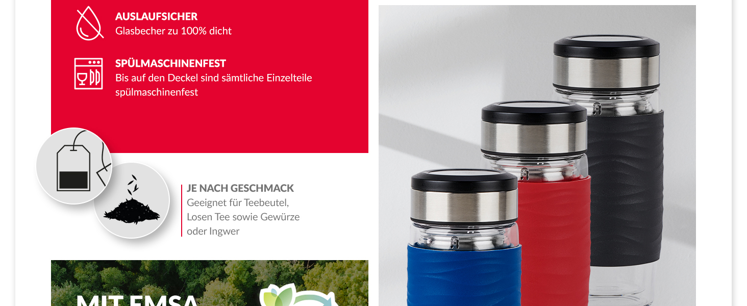 Емса N20805 Чайний горнятко з подвійними стінками | 0,4 л | знімний фільтр | без BPA | 100% герметичне | не протікає | придатне для миття в посудомийній машині | 360° отвір для пиття | Синій