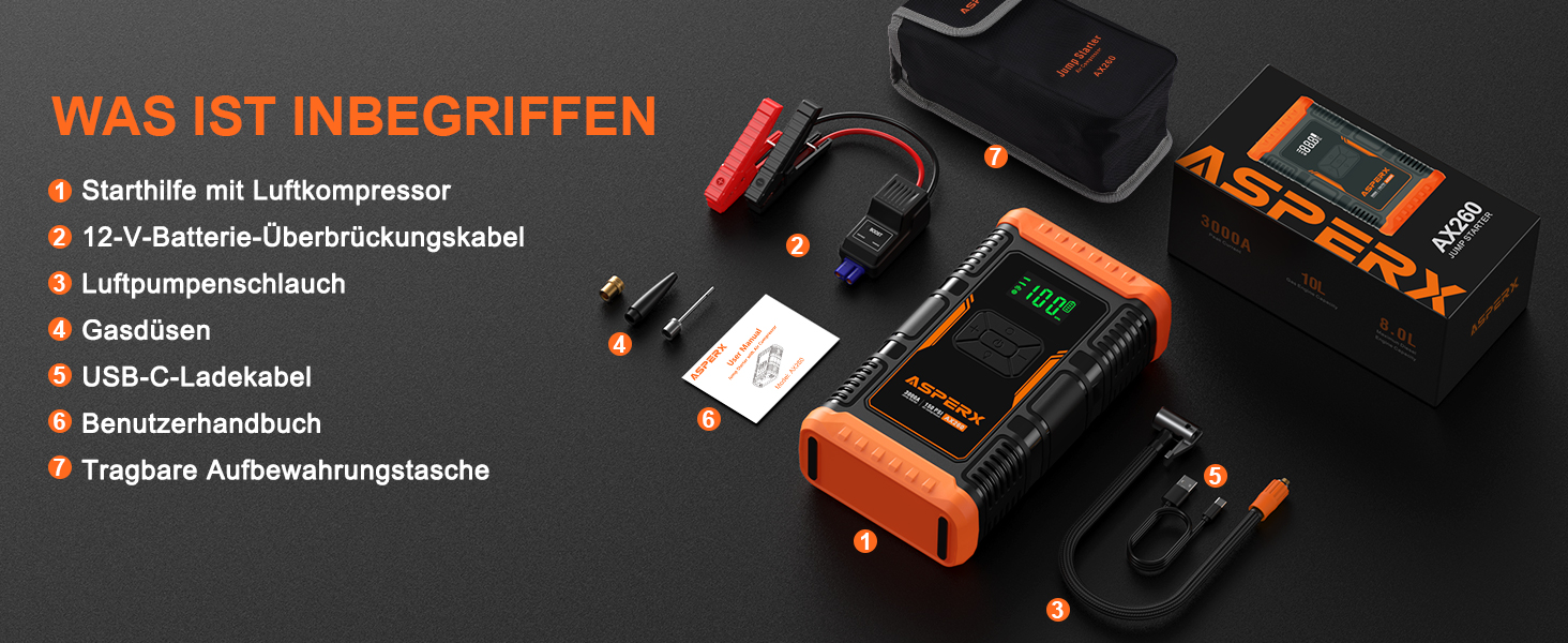 Powerbank з компресором ASPERX Starthilfe 150PSI, 3000A - пусковий пристрій для авто, мото, SUV (до 10л бензину/8л дизеля) з LED-ліхтариком