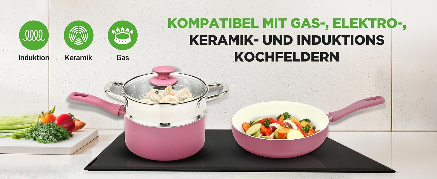 Набір кухонного посуду NutriChef 54 елементи – сковорідки, каструлі, кухонні аксесуари, ножі, форми для випічки, для індукції, газу та електроплити, здорове та дієтичне приготування (рожевий)
