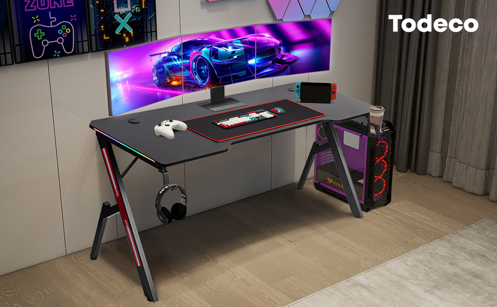 Ігровий стіл Todeco 160x60 см з LED підсвічуванням, з поверхнею з карбону, тримач для навушників та підсклянник, ергономічний ігровий стіл для ПК