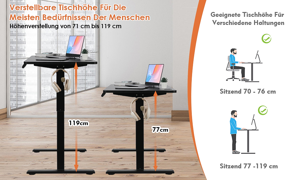 PACHIRA Електричний регульований стіл, 120x60 см, з пам'яттю та LED-дисплеєм, з гачком та кабелеуправлінням, ергономічний для дому/офісу, білий/чорний