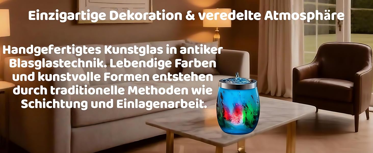 Декоративний фонтан VOREEN Zimmerbrunnen з підсвіткою LED, виготовлений з видувного скла, для вітальні, спальні та офісу, 15 см (Синій, S)