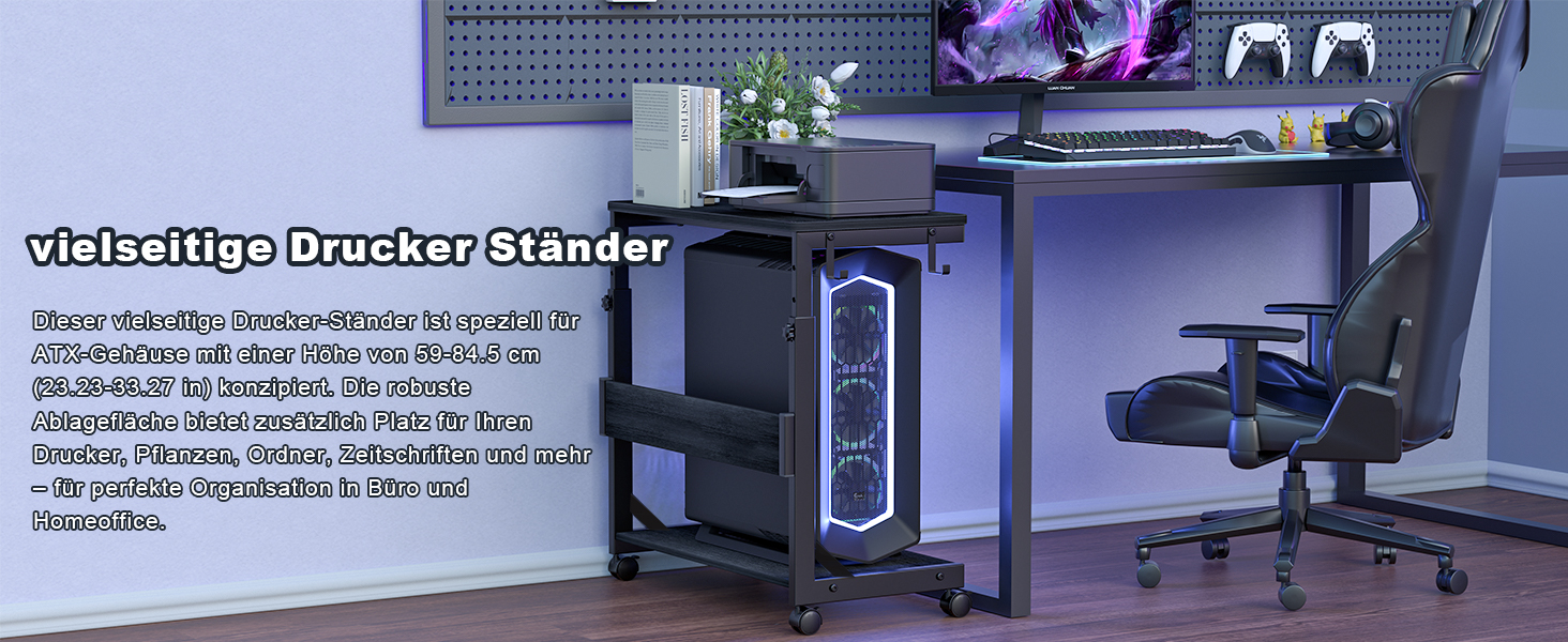 Регульований стійка для комп'ютера Tower, чорний, 64 x 34 x 59-84.5 см, з ATX корпусом та місцем для зберігання