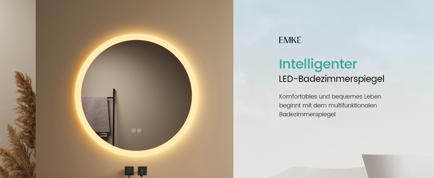 Дзеркало для ванної кімнати EMKE з підсвічуванням, 50 см, кругле, з регулюванням яскравості, 3 кольори світла, антизапарник, сенсорне управління, пам'ять налаштувань, матовий край, 50x50 см