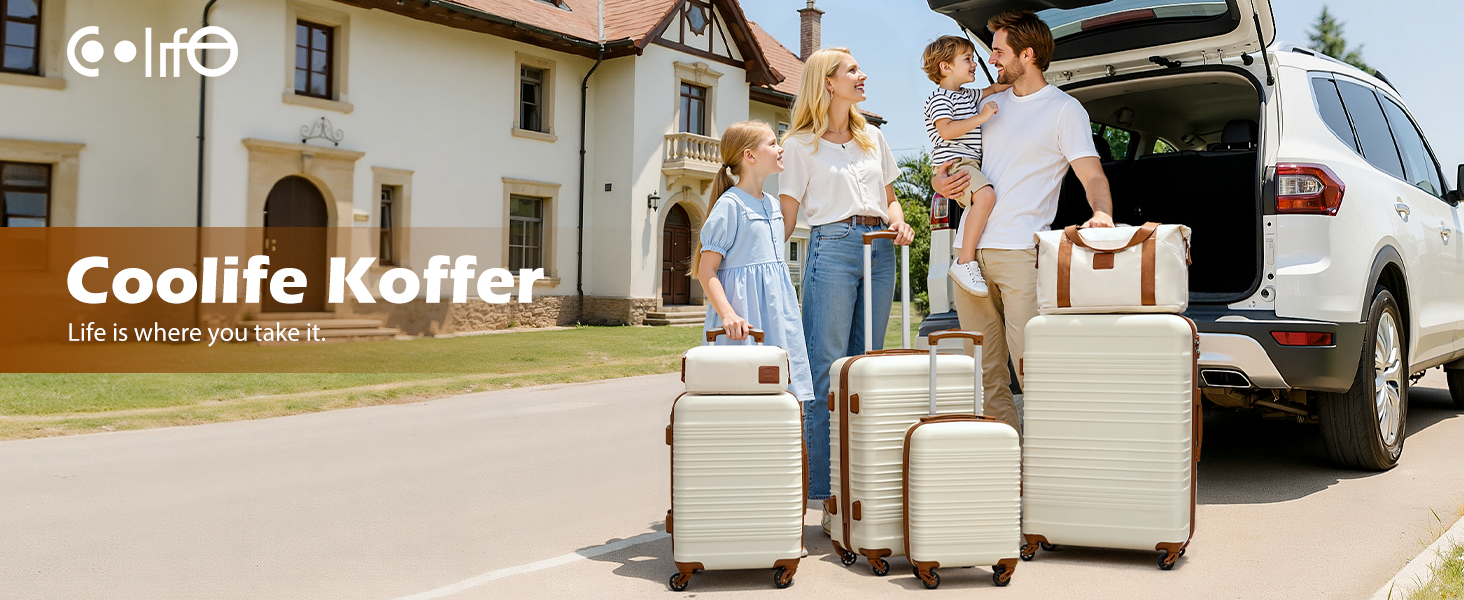 Набір валіз COOLIFE 6 предметів: дорожні валізи 16, 20, 24, 28 дюймів, сумка для подорожей та косметичка, ABS пластик, колеса 360°, TSA-замок, синій/коричневий