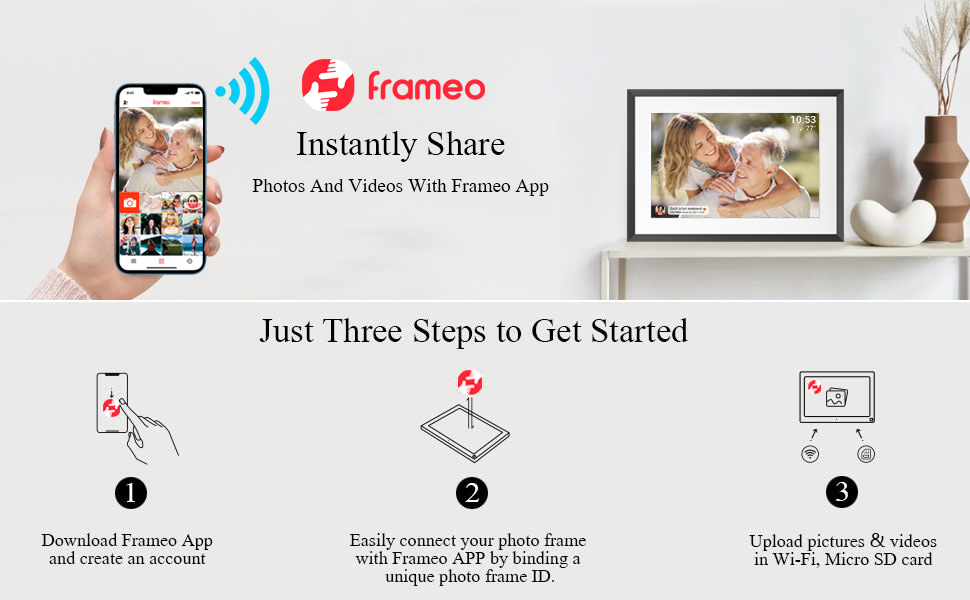 Цифровий фоторамка Frameo з Wi-Fi, 10.1 дюйма, 32GB, сенсорний екран, автоповорот, чорний