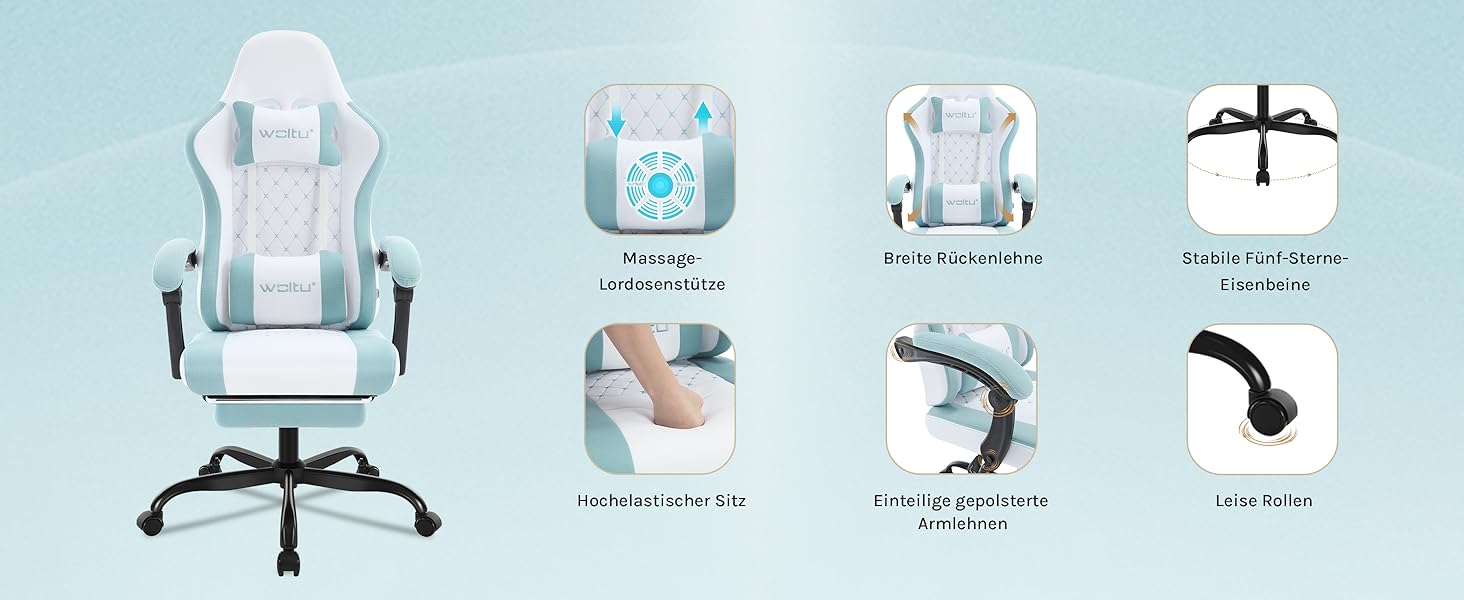 Ігровий крісло WOLTU з масажем, комп'ютерне ергономічне крісло, кишенькові пружинні подушки, масаж попереку, підголовник, підніжка, поворотне крісло, 150 кг, Рожевий+Білий, сітчаста тканина