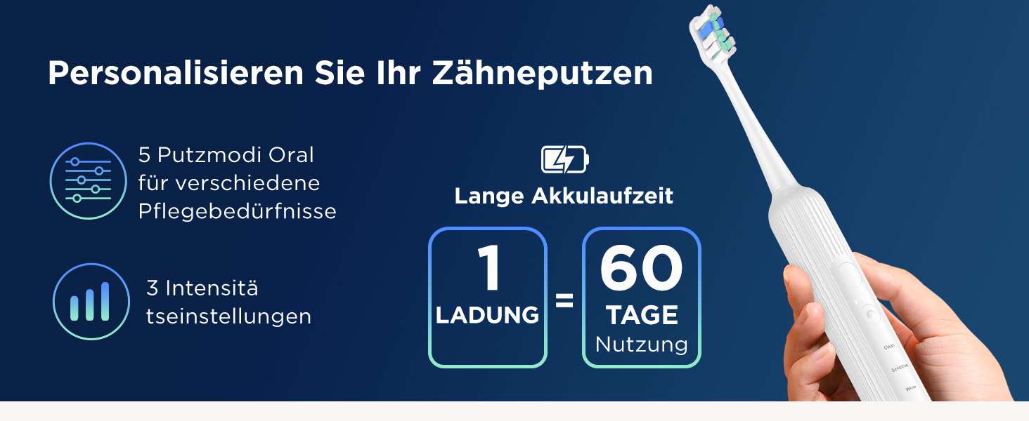 Електрична звукова зубна щітка для дорослих та дітей, 5 режимів чищення, 3 рівні інтенсивності, таймер, 8 насадок, кейс для подорожей, біла (1 шт.)