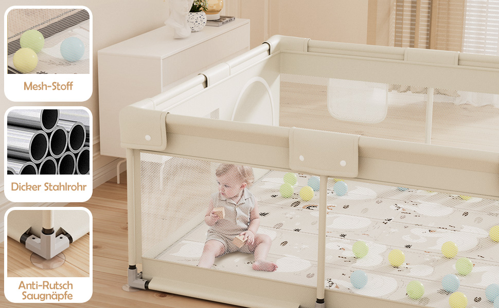 Ляльковий будиночок для малюків з матрацом, бежевий 120x120 см. Безпечний ляльковий будиночок для дитячої кімнати з дихаючим сіткою та фіксаторами.