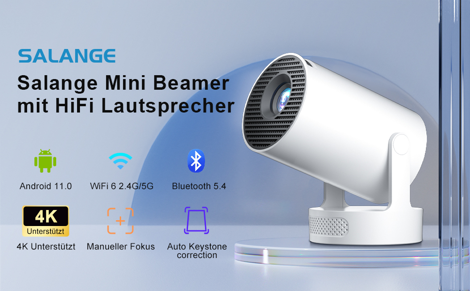 Міні проєктор Salange 4K з Wi-Fi 6, Bluetooth 5.2 та Android OS 11.0. Підтримка 180° повороту, для телефону/Xbox/ноутбука/TV Stick/USB. Білий (HY300ula + 5W динамік)