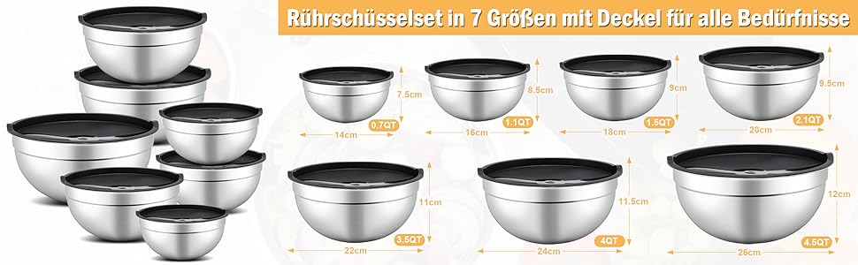 Набір місок для перемішування Hunnycook, 7 шт., нержавіюча сталь, з кришкою, для салатів, миття в посудомийній машині, 5L, 4.5L, 4L, 2.4L, 1.7L, 1.25L, 0.8L, сріблястий