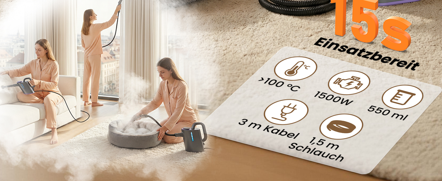 Портативний відпарювач 550 мл, 1500 Вт, з аксесуарами, для кухні, ванної, вікон, авто та оббивки (фіолетовий)