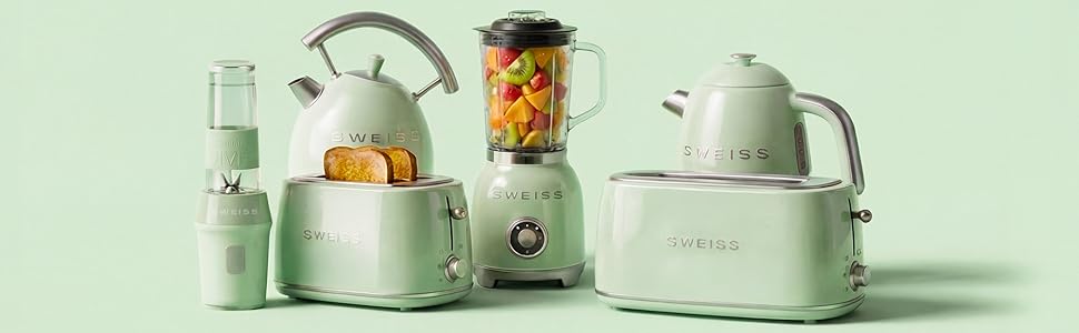 Тостер SWEISS Vintage GRV7 пастельно-зелений: 2 відділення, 6 режимів, для багетів, розморожування, нержавіюча сталь, 1500 Вт