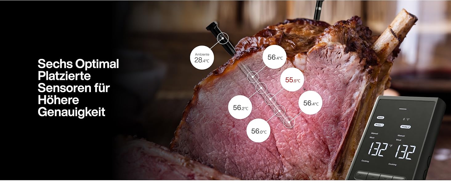 ThermoMaven P2 Розумний термометр для м'яса бездротовий – Bluetooth 5.3, 2 зонди, 6 сенсорів, Wi-Fi моніторинг, IPX8 водонепроникність, для гриля, духовки, кухні, фритюрниці