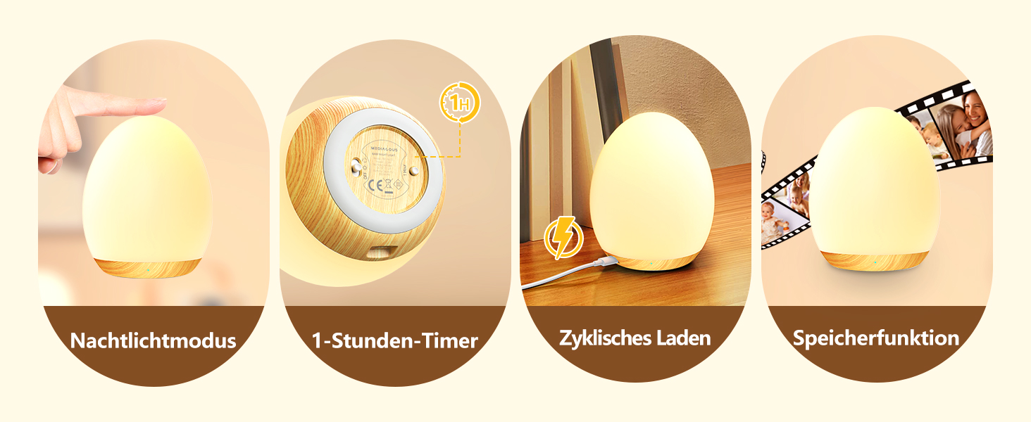 Нічник-проєктор MediAcous для дітей та немовлят: 8 кольорів, регулювання яскравості, таймер 1 година, сенсорне керування, USB LED, декорування дитячої кімнати (білий, текстура дерева)