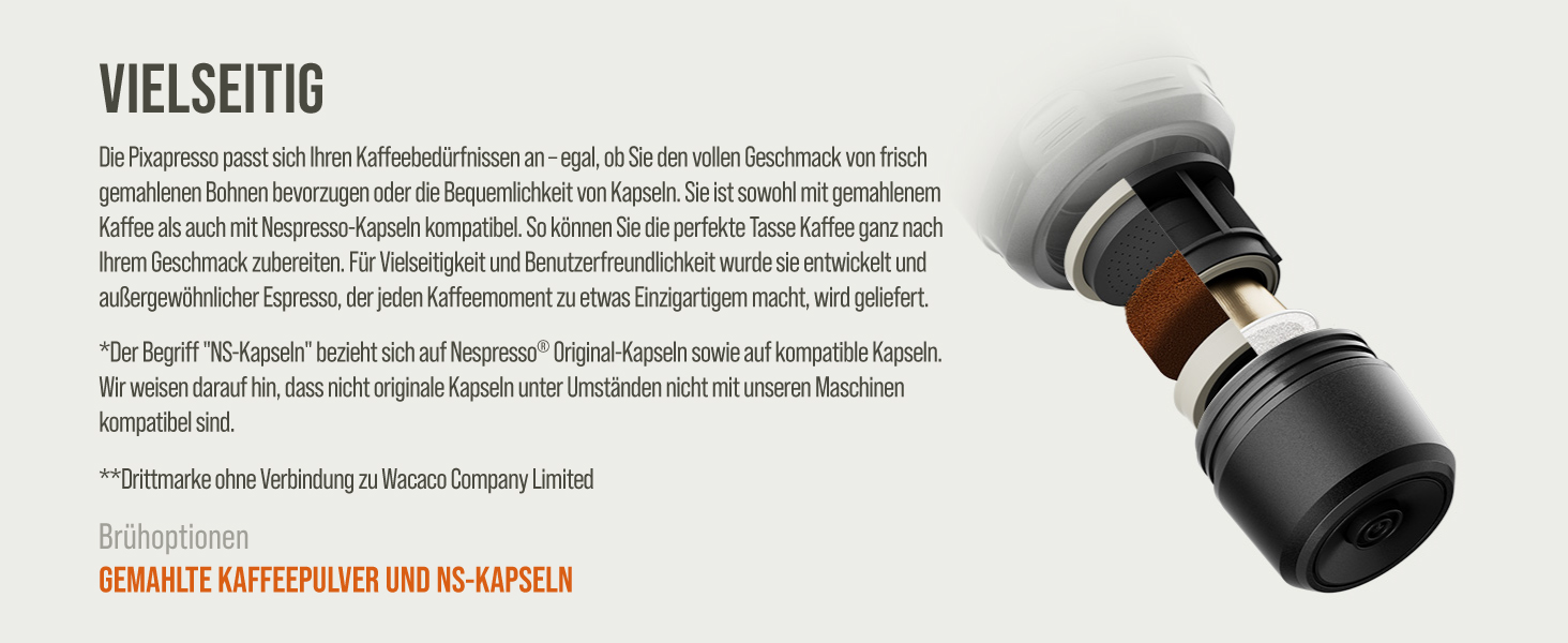 WACACO Електрична портативна кавомашина: 4 види кави, швидкий нагрів, 3 акумулятори 3000mAh, 20 Bar, для меленої кави та капсул NS, сенсорний екран, темно-бордовий