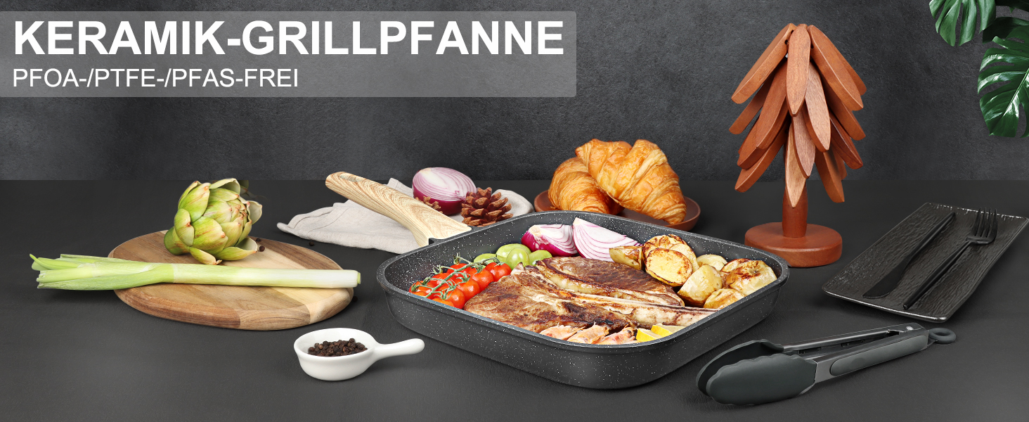 Сковорода-гриль GiPP 28x28 см, сковорода для стейків, індукційна, алюмонієвий литний матеріал з гранітно-антипригарним покриттям, 100% без PFOA, підходить для всіх типів плит, легко миється, білий колір