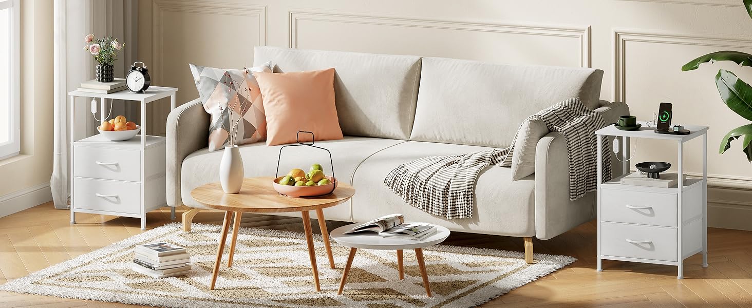Нічний столик Somdot з LED, USB та Type-C, 2 висувні ящики, штучна шкіра, білий (30x40x60 см)