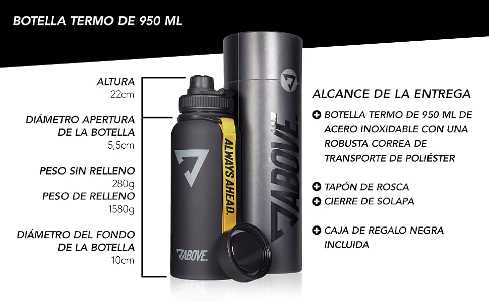 Термозбуля ABOVE з нержавіючої сталі 1л, вакуумний термос для спорту та outdoor, чорна, BPA-free, зберігає тепло до 12г та холод до 24г, герметична