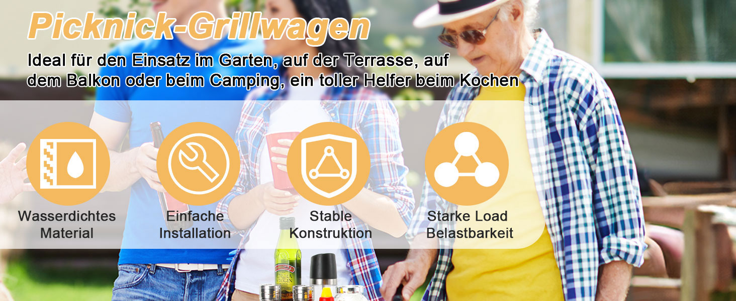 Grillwagen LIFERUN з нержавіючої сталі, 3 яруси, стіл для гриля, вуличний, з нержавіючою сталею, з гачками, на колесах