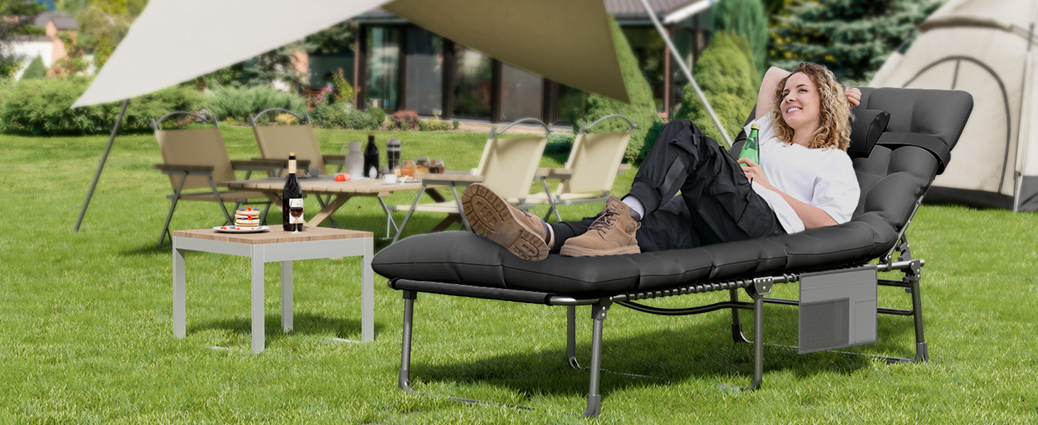 Розкладне ліжко для кемпінгу UDPATIO: зручне ліжко для відпочинку на природі, регульована спинка, з матрацом, чорний колір