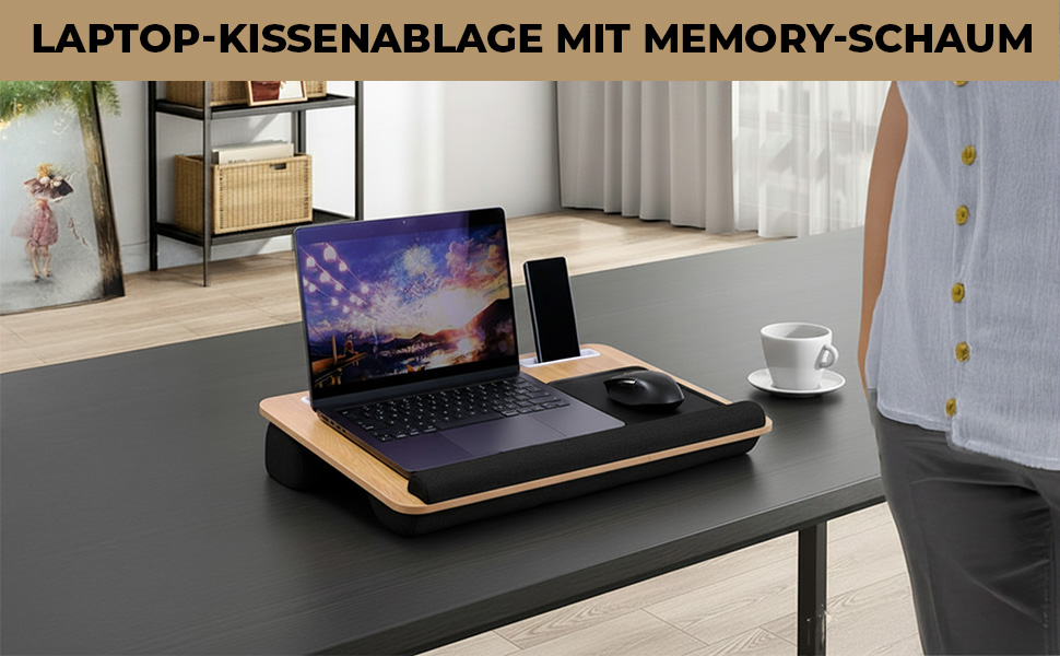 Підставка для ноутбука в ліжко та диван – з подушкою, тримачем для телефону та підкладкою для зап'ястя – підходить для ноутбуків до 17' – легка та комфортна для офісу, навчання та відпочинку (Сірий, Чорний)