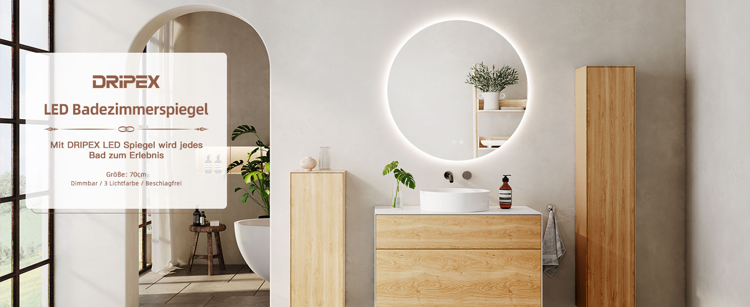 Дзеркало для ванної кімнати з LED підсвічуванням Dripex, сенсорне керування, регулювання яскравості, 3 кольори світла, антизапарник, 80x80 см (кругле)