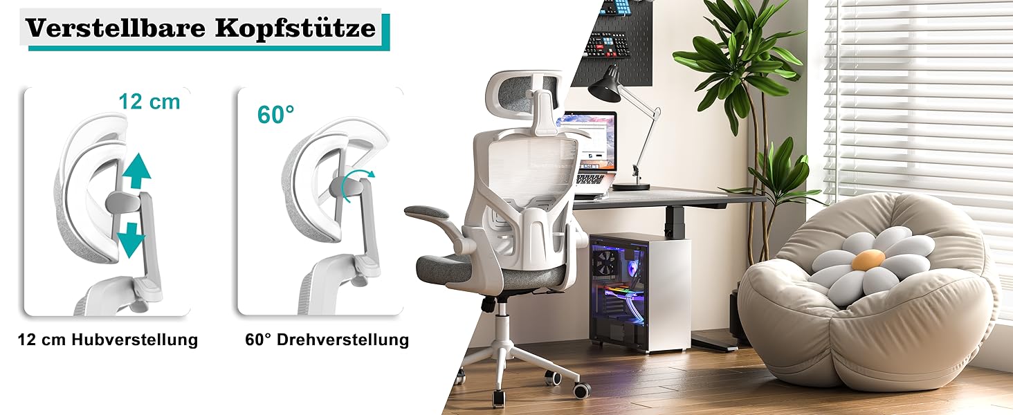 Ергономічне крісло для офісу з регульованою підголівником та поперековою підтримкою – високе офісне крісло з сітчастою спинкою та м'яким сидінням, вішалка для одягу та функцією блокування (білий та сірий)