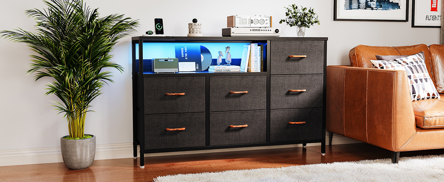 Комод Coleshome з висувними ящиками, світлодіодною підсвіткою, 2 USB та 2 розетки AC, 7 тканинних ящики, для спальні/вітальні, 132*30*89 см, чорний