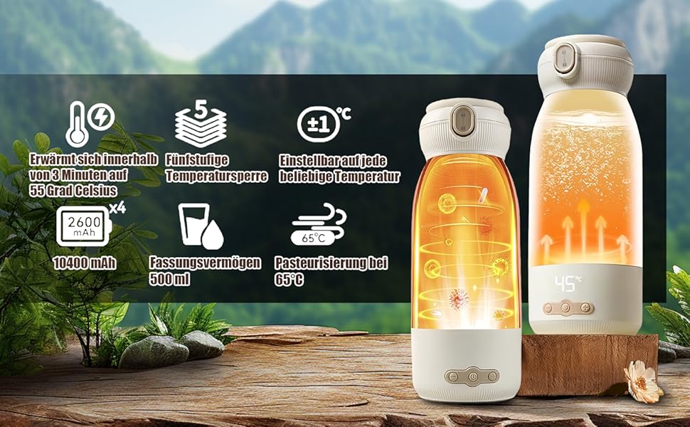 Портативний підігрівач для пляшечок Baby, 500 мл, для материнського молока та води, підігріває, підтримує тепло та стерилізує, швидкий нагрів за 3 хвилини, акумулятор 10400 mAh для тривалої роботи