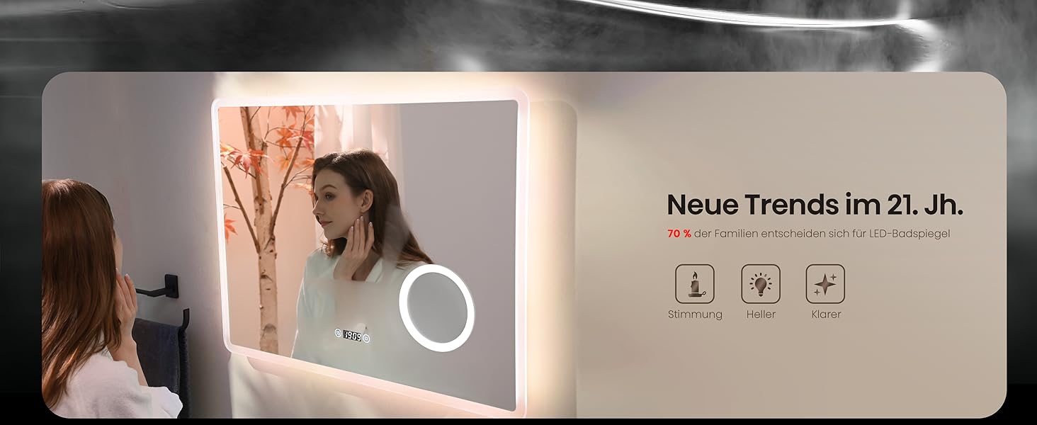 EMKE® LED дзеркало для ванної кімнати 80x60 см з підсвічуванням, сенсорне, регулювання яскравості, протитуманне, 3 кольори світла, годинник, IP44