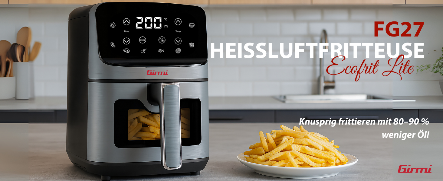 Аерофритюрниця Girmi FG27 Ecofrit Lite, 4.2 л, 1400 Вт, цифровий дисплей, 8 програм, таймер, без BPA та PFOA, сіра